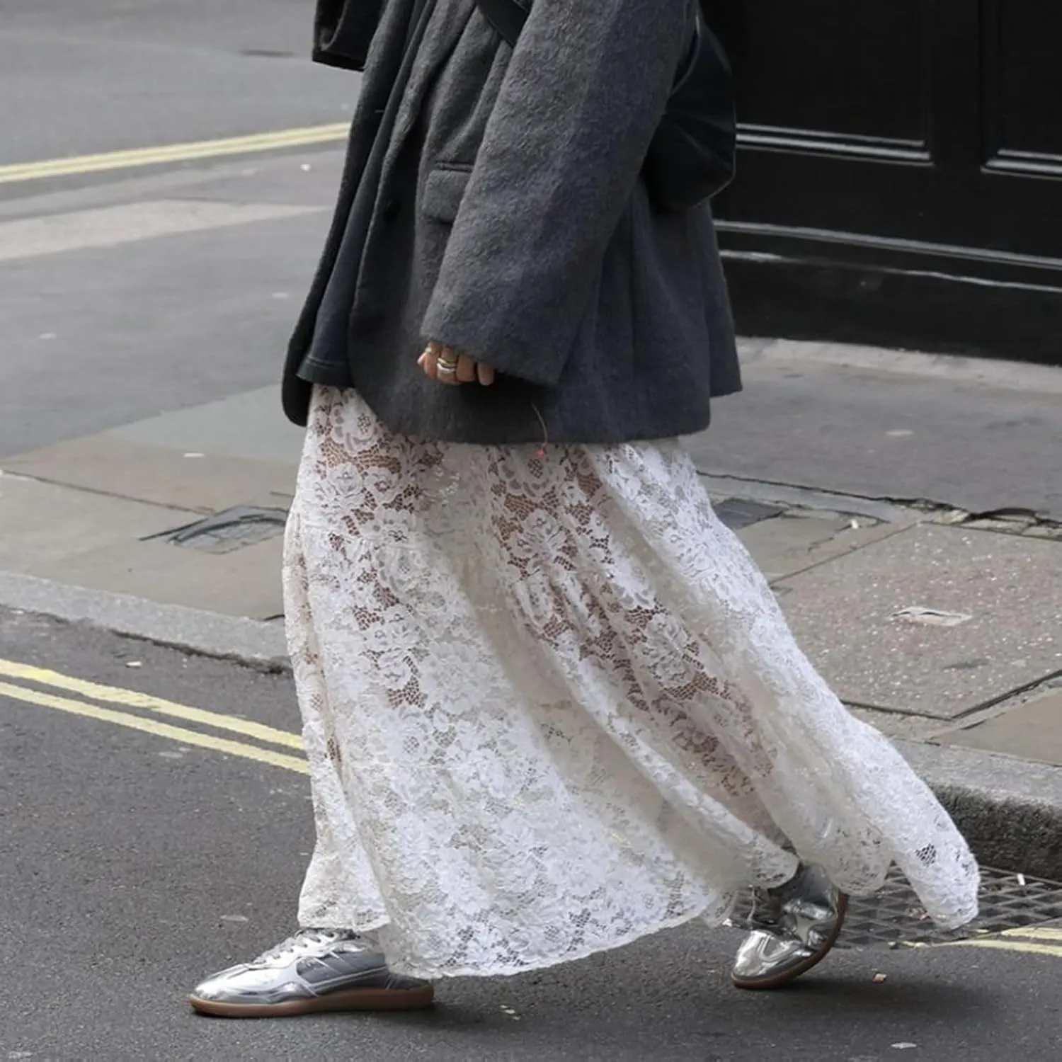 Women Crochet Knit Maxi Skirt Boho Eyelet Embroidery Ruffle Long Skirts Elastic Waist Flowy A-Line Beach Maxi Skirt