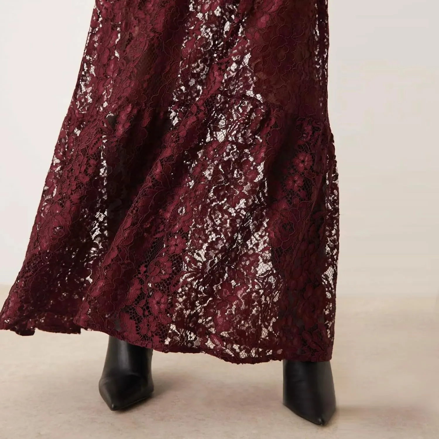 Women Crochet Knit Maxi Skirt Boho Eyelet Embroidery Ruffle Long Skirts Elastic Waist Flowy A-Line Beach Maxi Skirt