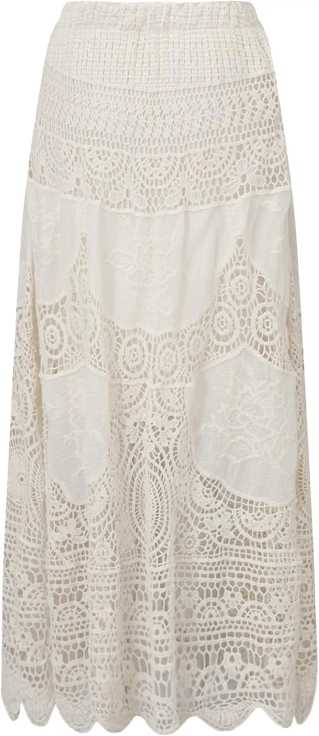 Women Crochet Knit Maxi Skirt Boho Eyelet Embroidery Ruffle Long Skirts Elastic Waist Flowy A-Line Beach Maxi Skirt