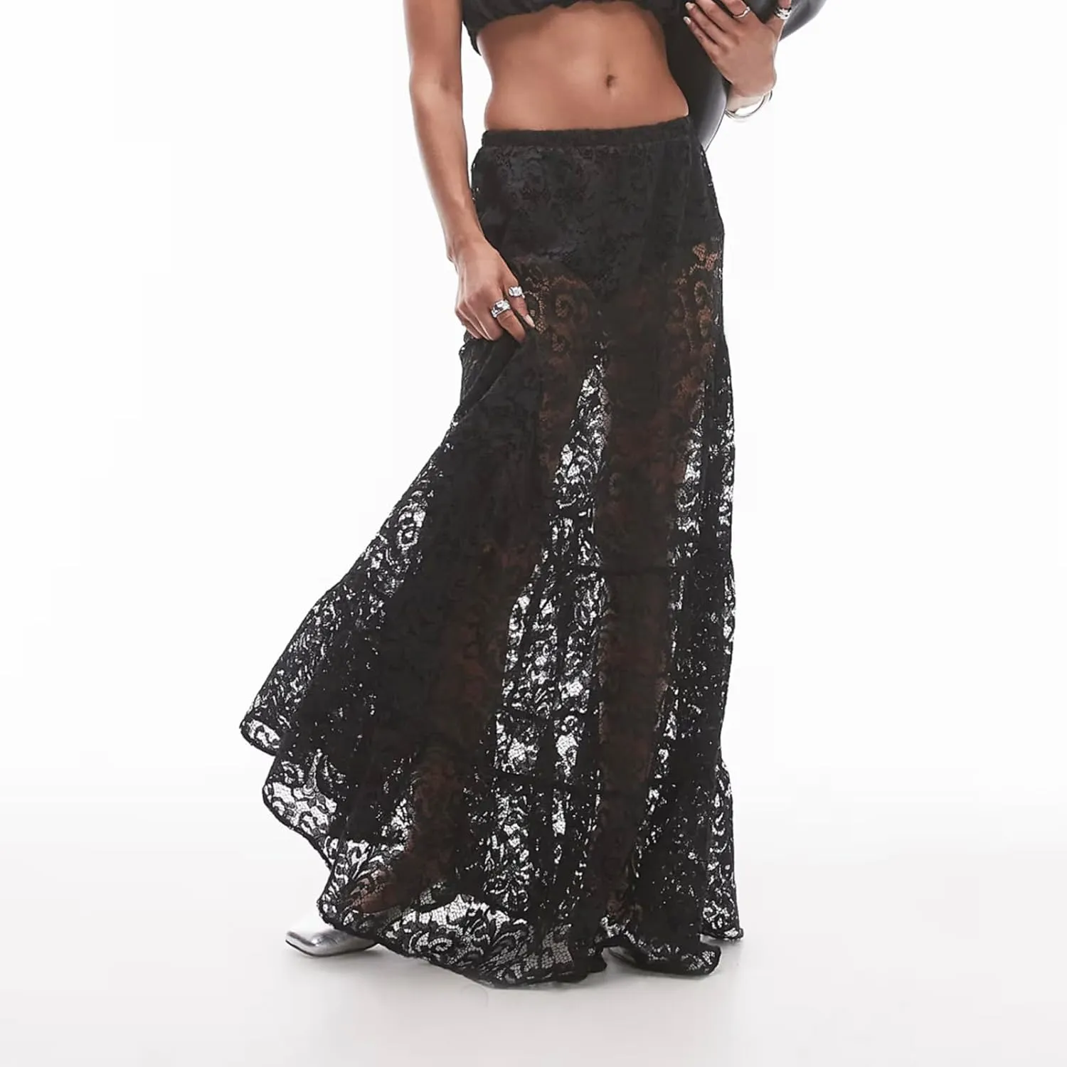 Women Crochet Knit Maxi Skirt Boho Eyelet Embroidery Ruffle Long Skirts Elastic Waist Flowy A-Line Beach Maxi Skirt