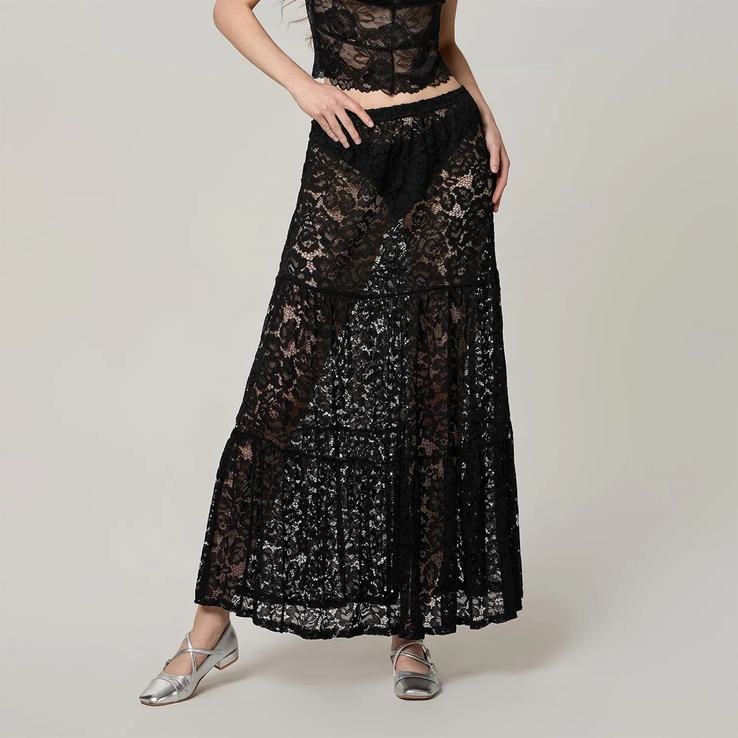 Women Crochet Knit Maxi Skirt Boho Eyelet Embroidery Ruffle Long Skirts Elastic Waist Flowy A-Line Beach Maxi Skirt
