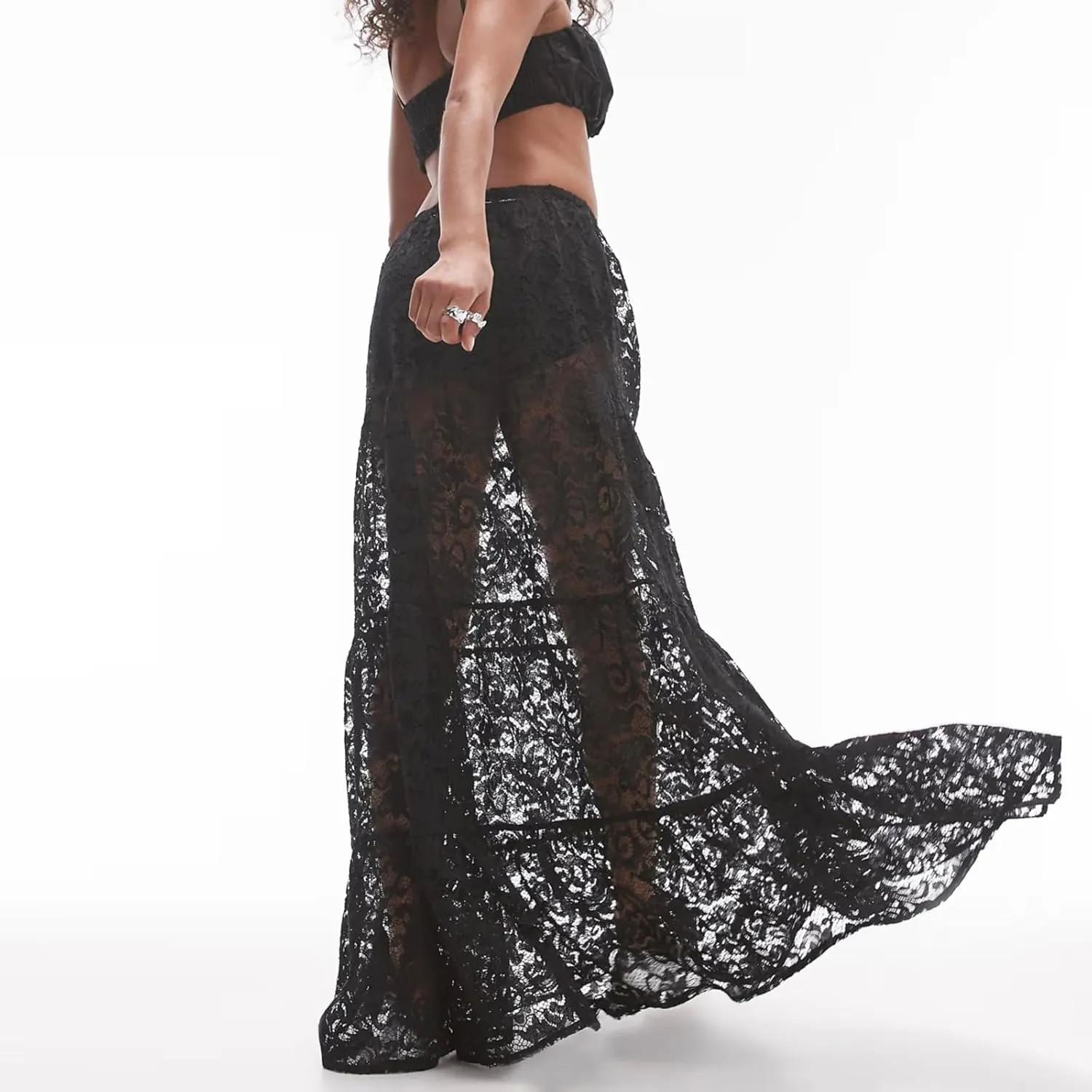 Women Crochet Knit Maxi Skirt Boho Eyelet Embroidery Ruffle Long Skirts Elastic Waist Flowy A-Line Beach Maxi Skirt