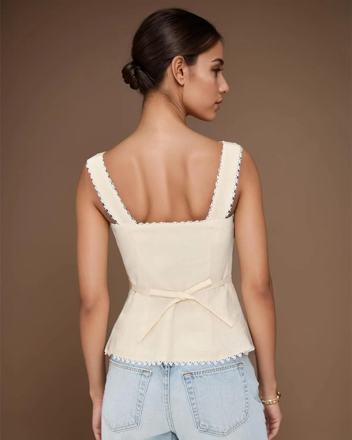 Women Cute Linen Crop Tank Tops Summer Going Out Top Y2k Side Zipper Sleeveless Backless Sweetheart V Neck Camisole