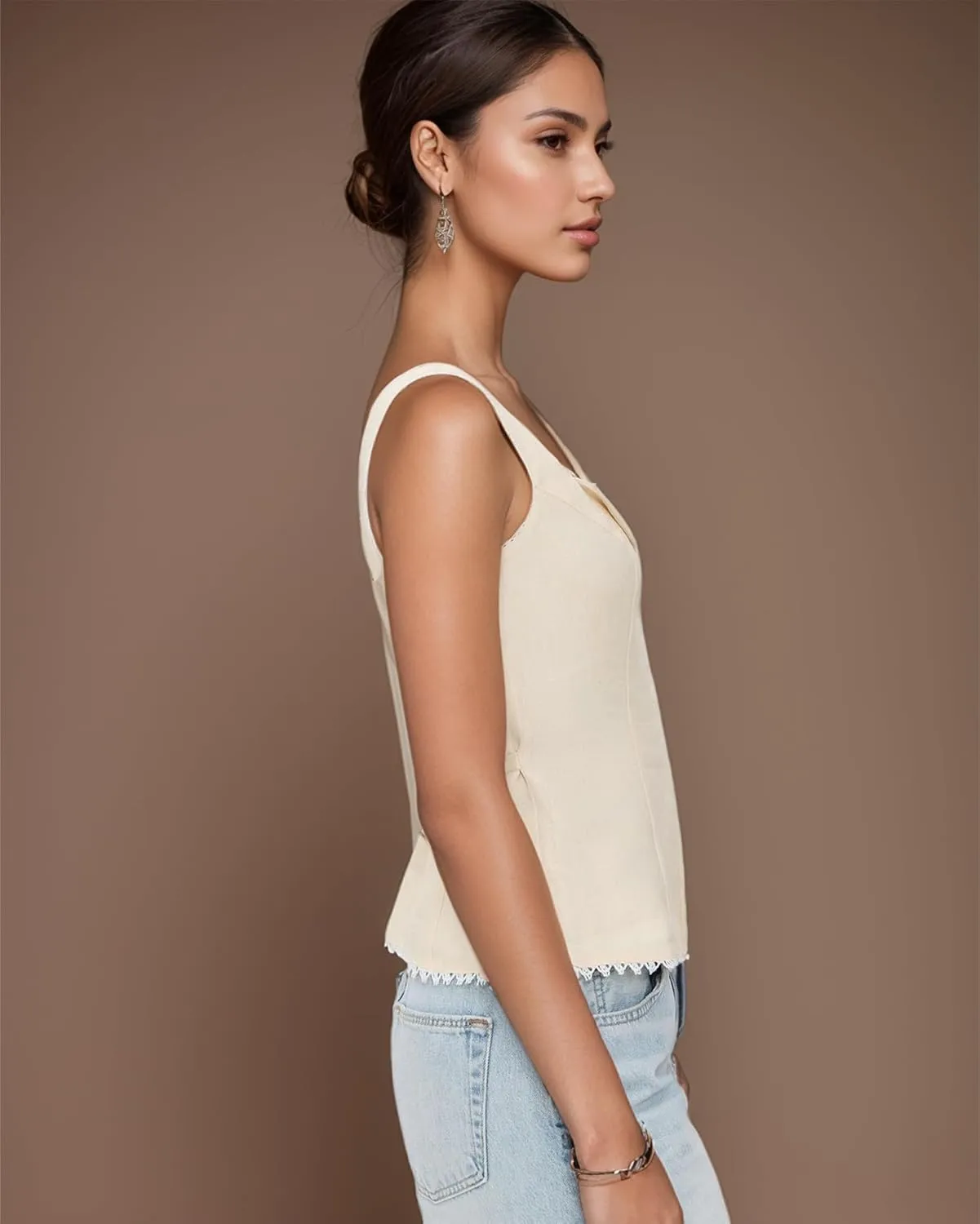 Women Cute Linen Crop Tank Tops Summer Going Out Top Y2k Side Zipper Sleeveless Backless Sweetheart V Neck Camisole