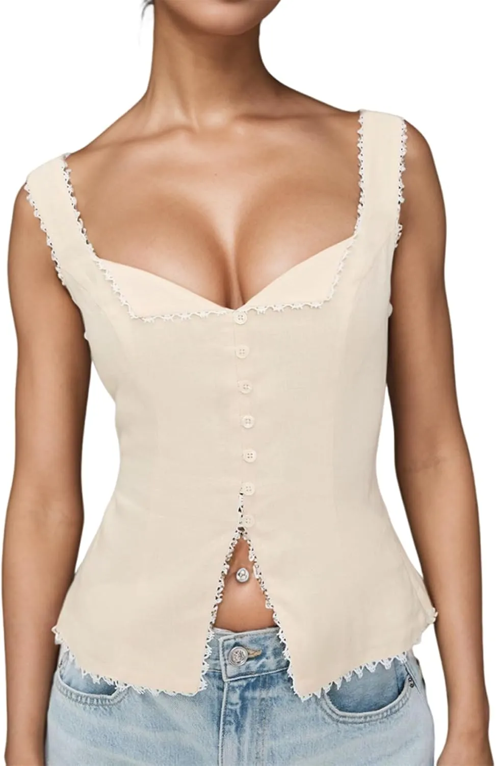 Women Cute Linen Crop Tank Tops Summer Going Out Top Y2k Side Zipper Sleeveless Backless Sweetheart V Neck Camisole