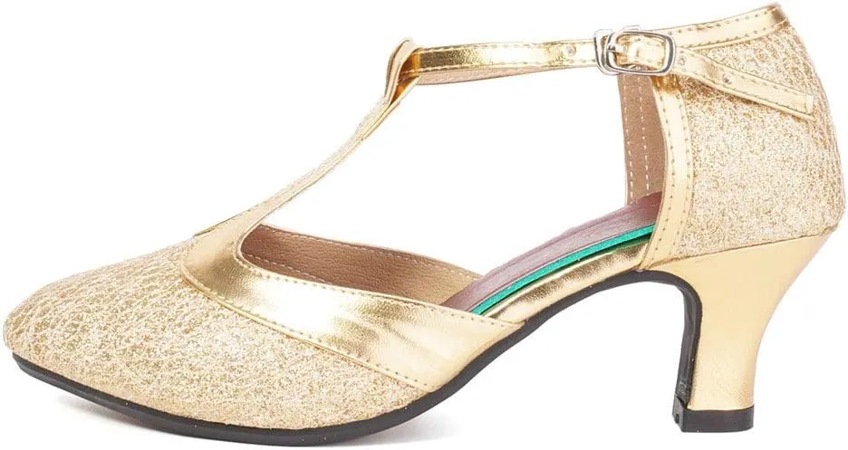 Women Glitter Latin Dance Shoes with T-Strap Ballroom Performance Closed Toe Dancing Shoes,Model DY-309