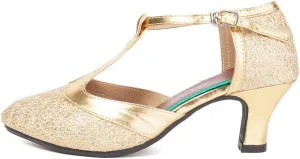 Women Glitter Latin Dance Shoes with T-Strap Ballroom Performance Closed Toe Dancing Shoes,Model DY-309