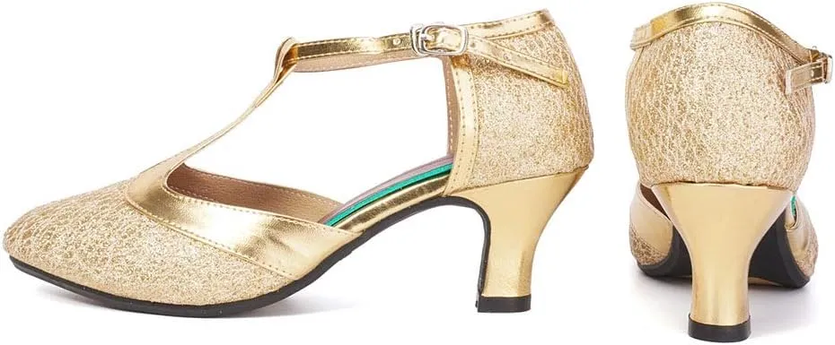 Women Glitter Latin Dance Shoes with T-Strap Ballroom Performance Closed Toe Dancing Shoes,Model DY-309