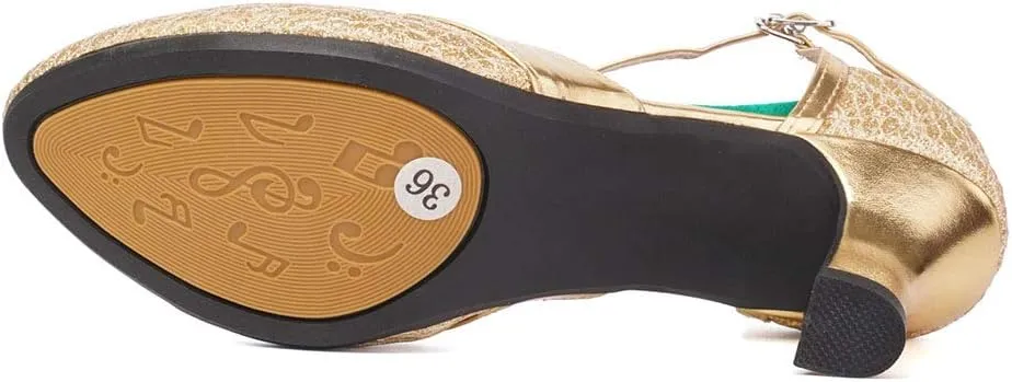 Women Glitter Latin Dance Shoes with T-Strap Ballroom Performance Closed Toe Dancing Shoes,Model DY-309