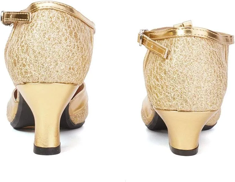 Women Glitter Latin Dance Shoes with T-Strap Ballroom Performance Closed Toe Dancing Shoes,Model DY-309