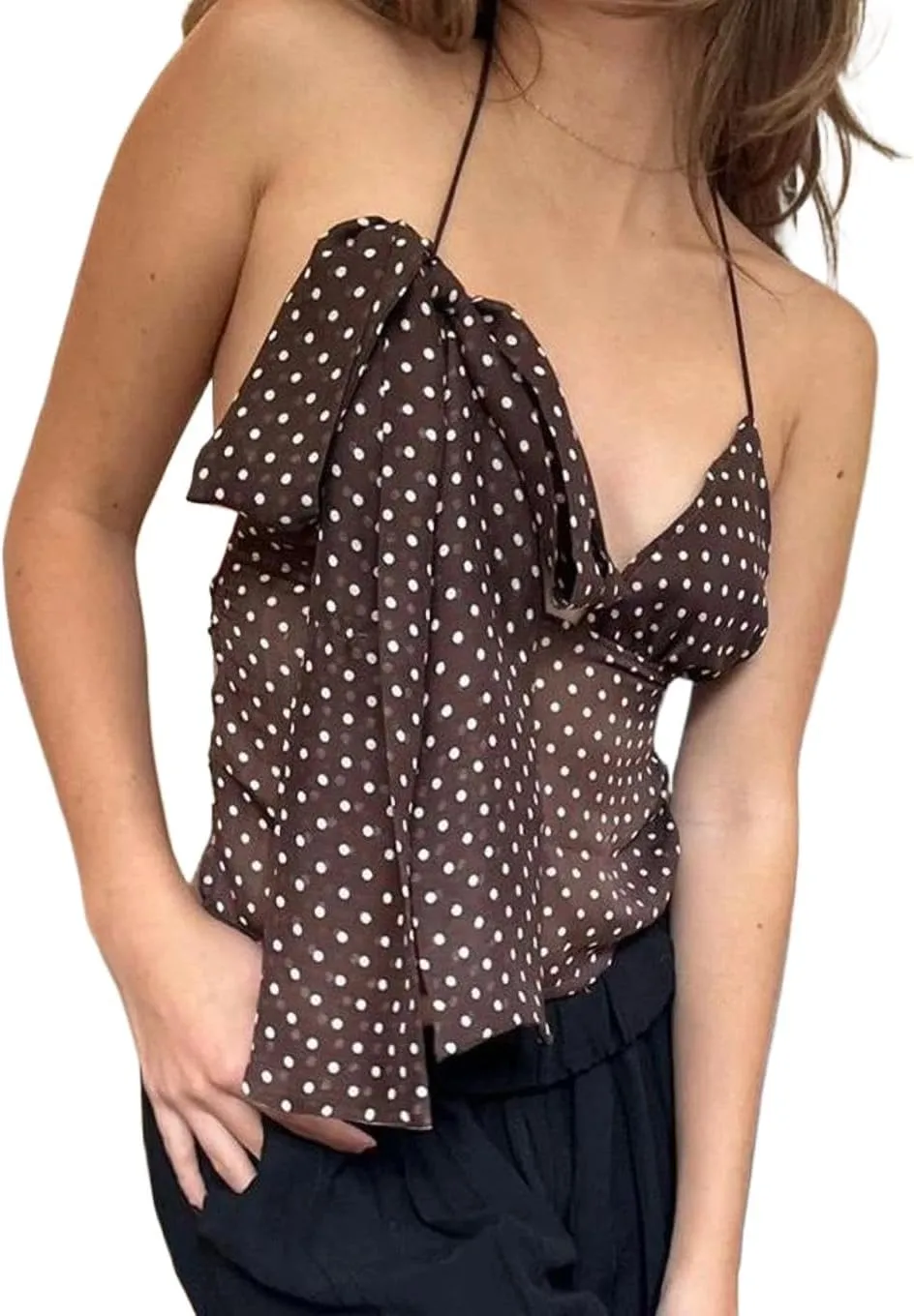 Women Sexy Sheer V Neck Polka Dot Mesh Halter Crop Cami Tops with Scarf Y2K Tie Open Back Tank Shirt Summer