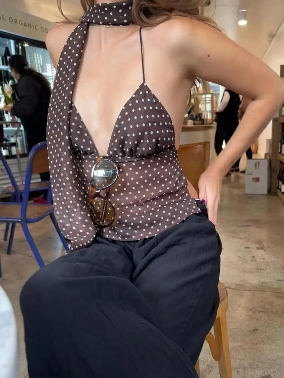 Women Sexy Sheer V Neck Polka Dot Mesh Halter Crop Cami Tops with Scarf Y2K Tie Open Back Tank Shirt Summer