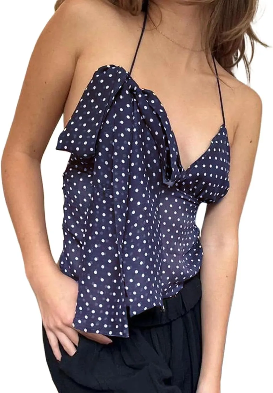 Women Sexy Sheer V Neck Polka Dot Mesh Halter Crop Cami Tops with Scarf Y2K Tie Open Back Tank Shirt Summer
