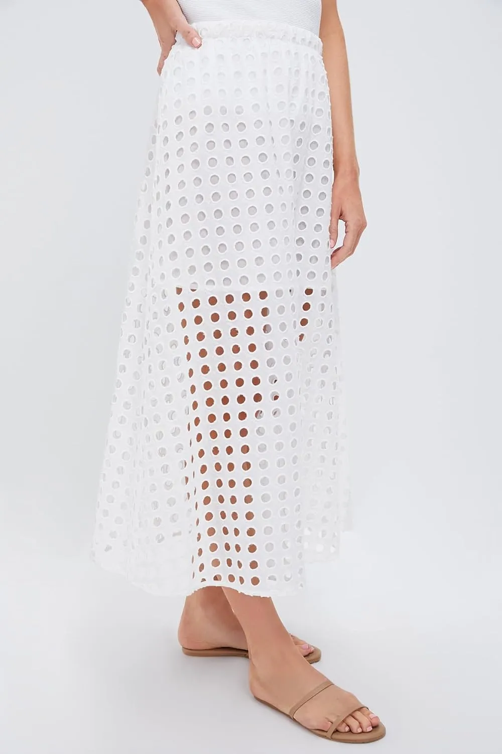 Women Summer Eyelet Maxi Skirt Cotton Holow Out High Elastic Waist Beach Skirt Flowy Long Skirts with Underneath