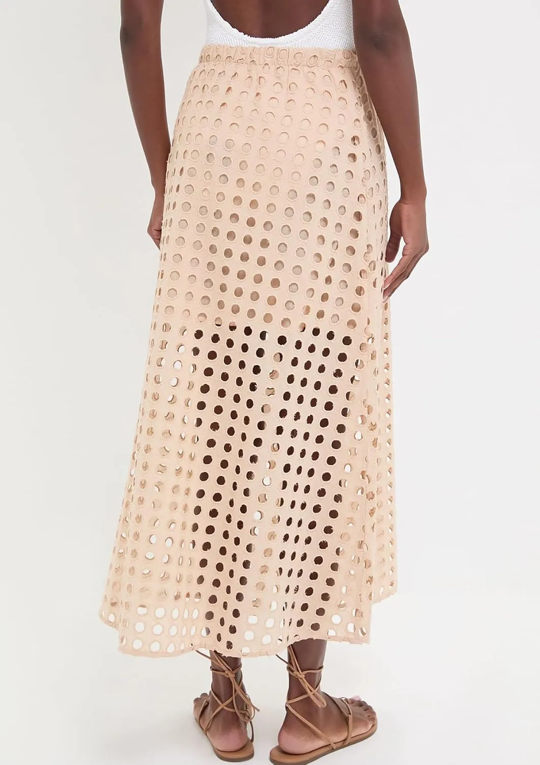 Women Summer Eyelet Maxi Skirt Cotton Holow Out High Elastic Waist Beach Skirt Flowy Long Skirts with Underneath