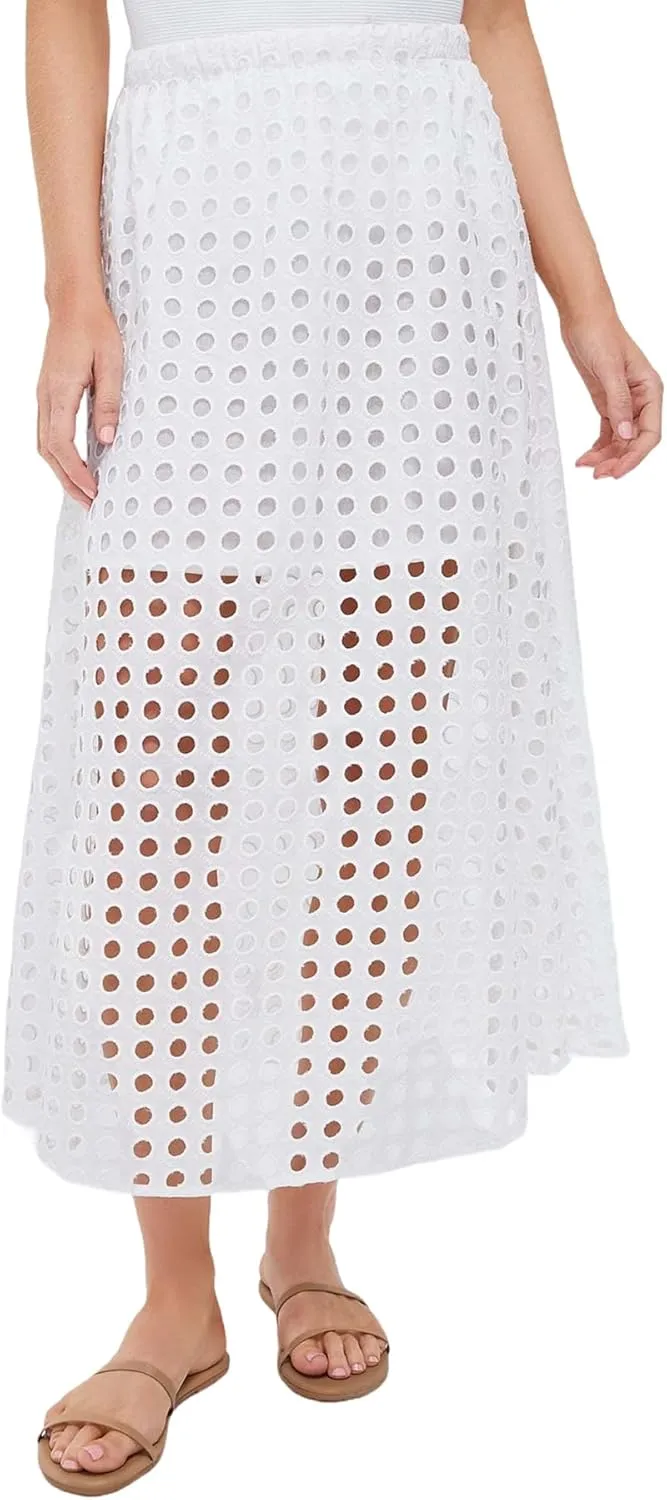 Women Summer Eyelet Maxi Skirt Cotton Holow Out High Elastic Waist Beach Skirt Flowy Long Skirts with Underneath