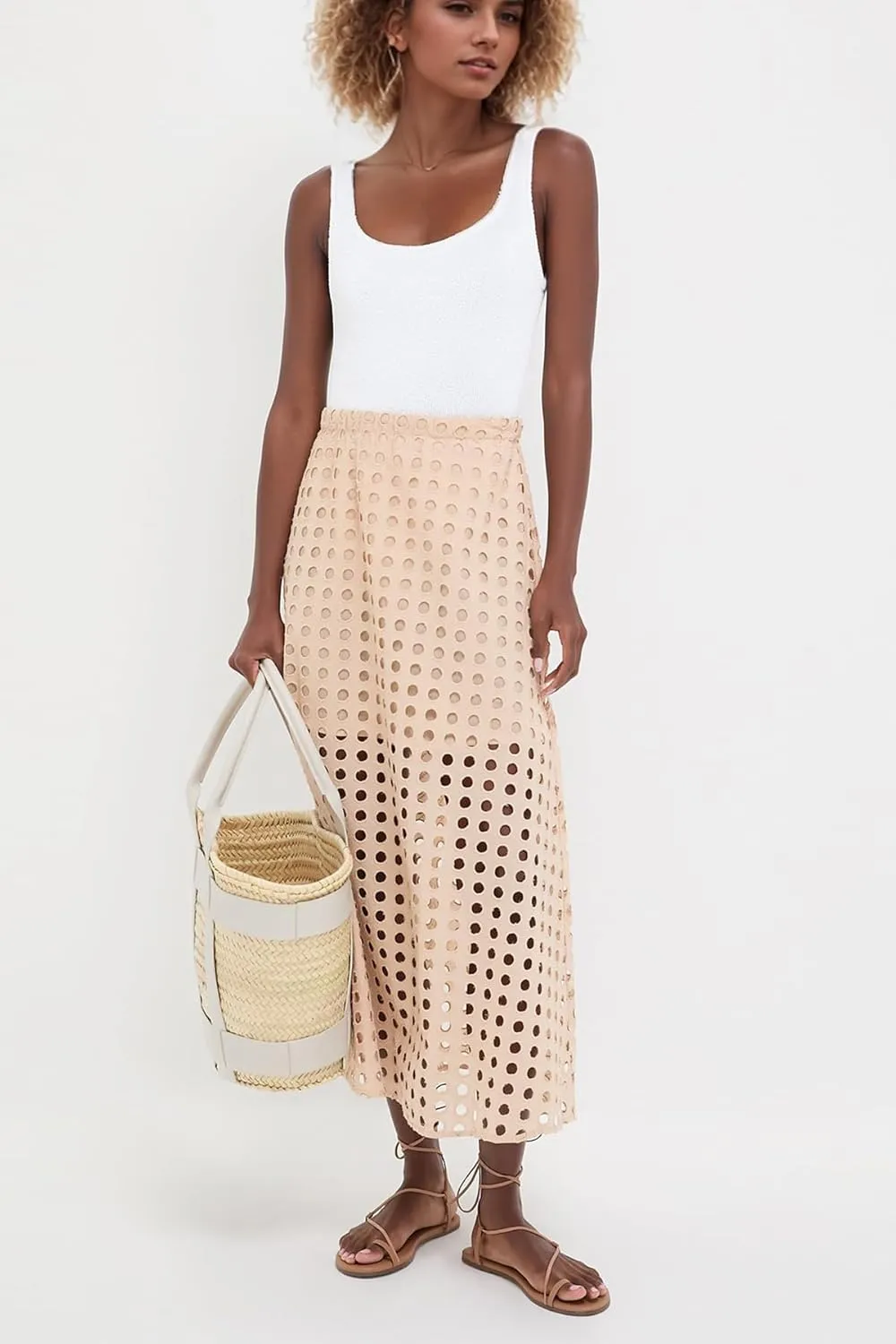 Women Summer Eyelet Maxi Skirt Cotton Holow Out High Elastic Waist Beach Skirt Flowy Long Skirts with Underneath