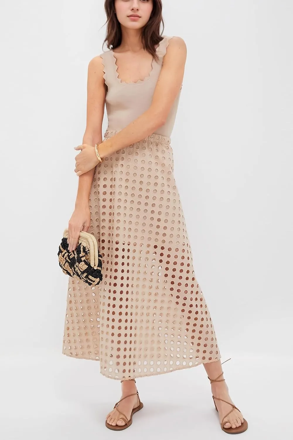 Women Summer Eyelet Maxi Skirt Cotton Holow Out High Elastic Waist Beach Skirt Flowy Long Skirts with Underneath