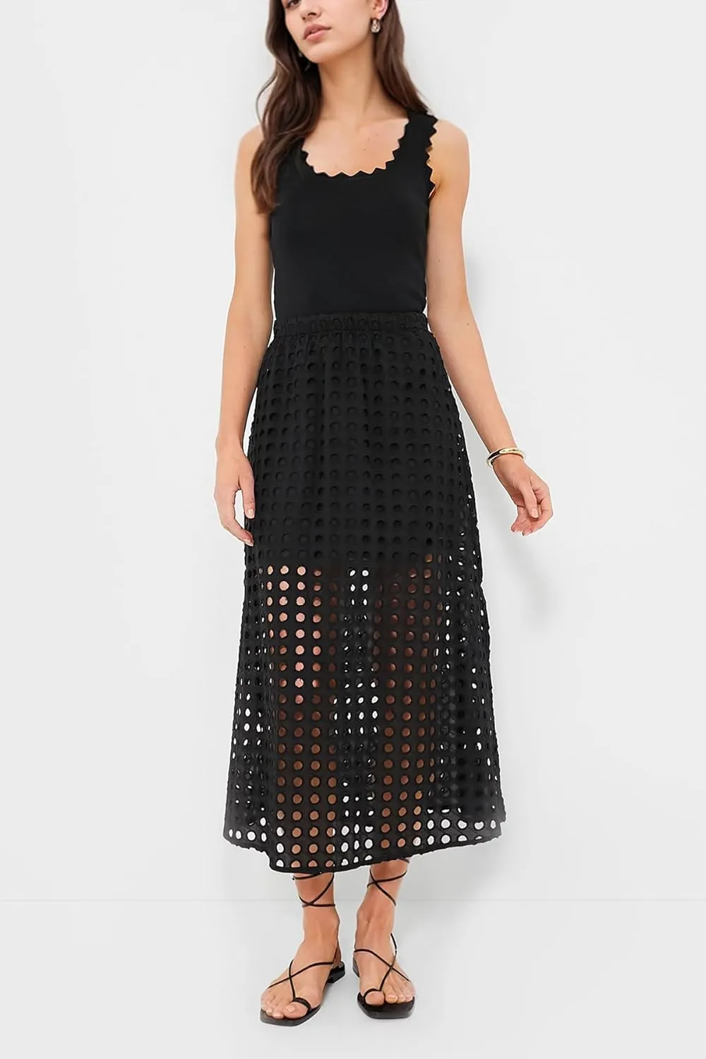Women Summer Eyelet Maxi Skirt Cotton Holow Out High Elastic Waist Beach Skirt Flowy Long Skirts with Underneath