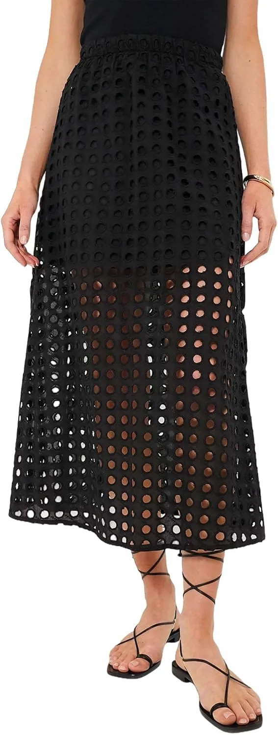 Women Summer Eyelet Maxi Skirt Cotton Holow Out High Elastic Waist Beach Skirt Flowy Long Skirts with Underneath