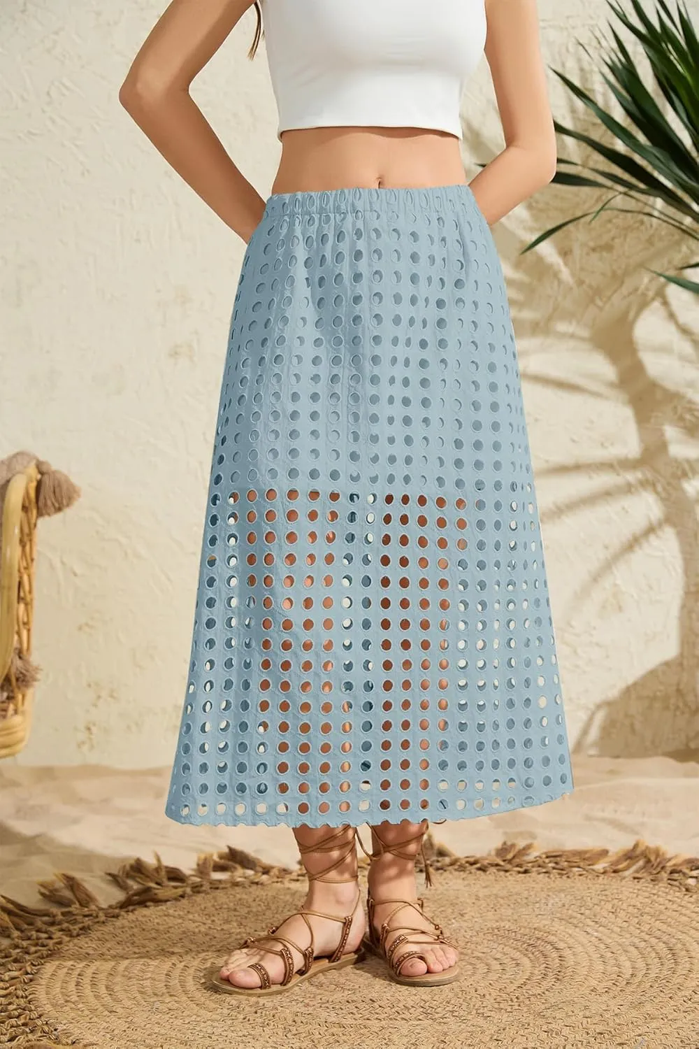Women Summer Eyelet Maxi Skirt Cotton Holow Out High Elastic Waist Beach Skirt Flowy Long Skirts with Underneath