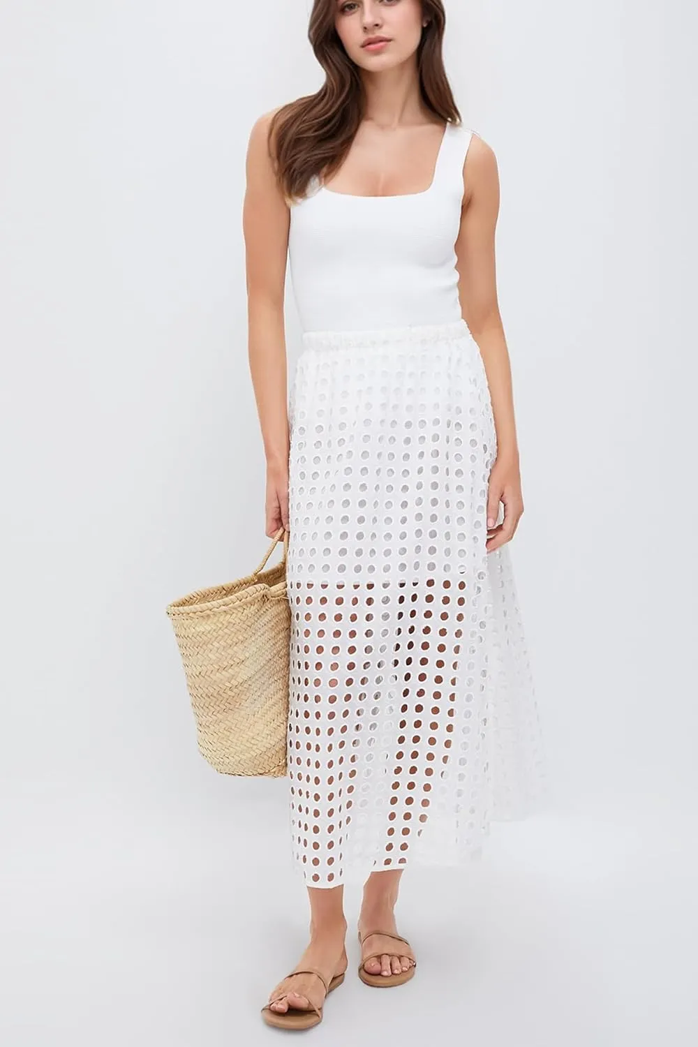 Women Summer Eyelet Maxi Skirt Cotton Holow Out High Elastic Waist Beach Skirt Flowy Long Skirts with Underneath