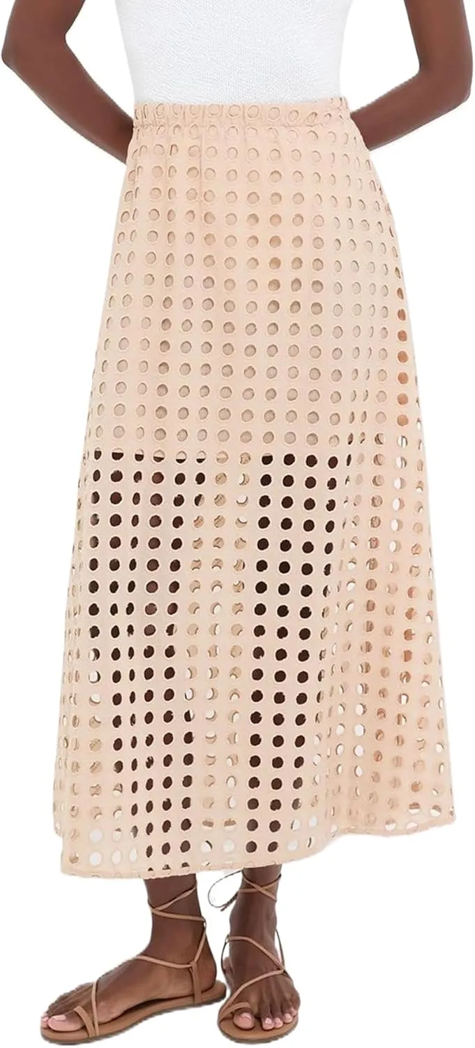 Women Summer Eyelet Maxi Skirt Cotton Holow Out High Elastic Waist Beach Skirt Flowy Long Skirts with Underneath