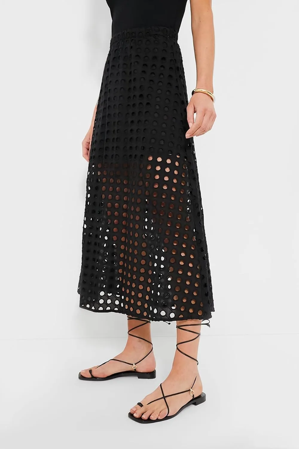 Women Summer Eyelet Maxi Skirt Cotton Holow Out High Elastic Waist Beach Skirt Flowy Long Skirts with Underneath