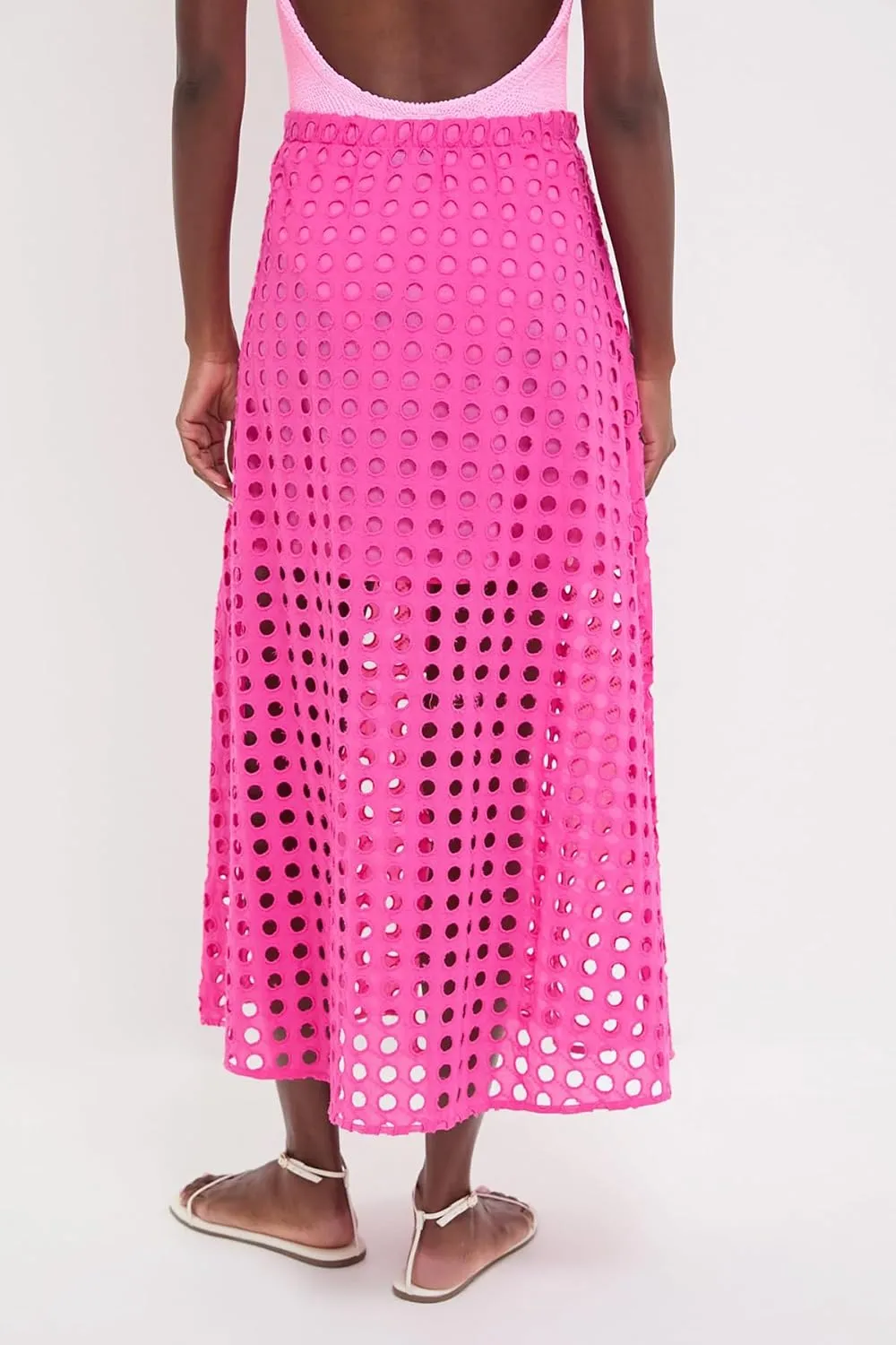 Women Summer Eyelet Maxi Skirt Cotton Holow Out High Elastic Waist Beach Skirt Flowy Long Skirts with Underneath