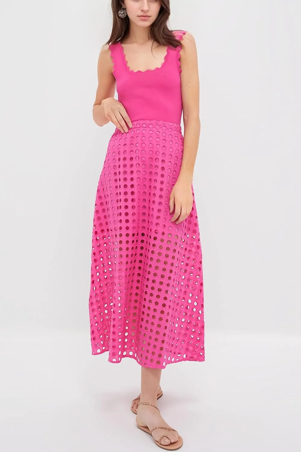 Women Summer Eyelet Maxi Skirt Cotton Holow Out High Elastic Waist Beach Skirt Flowy Long Skirts with Underneath