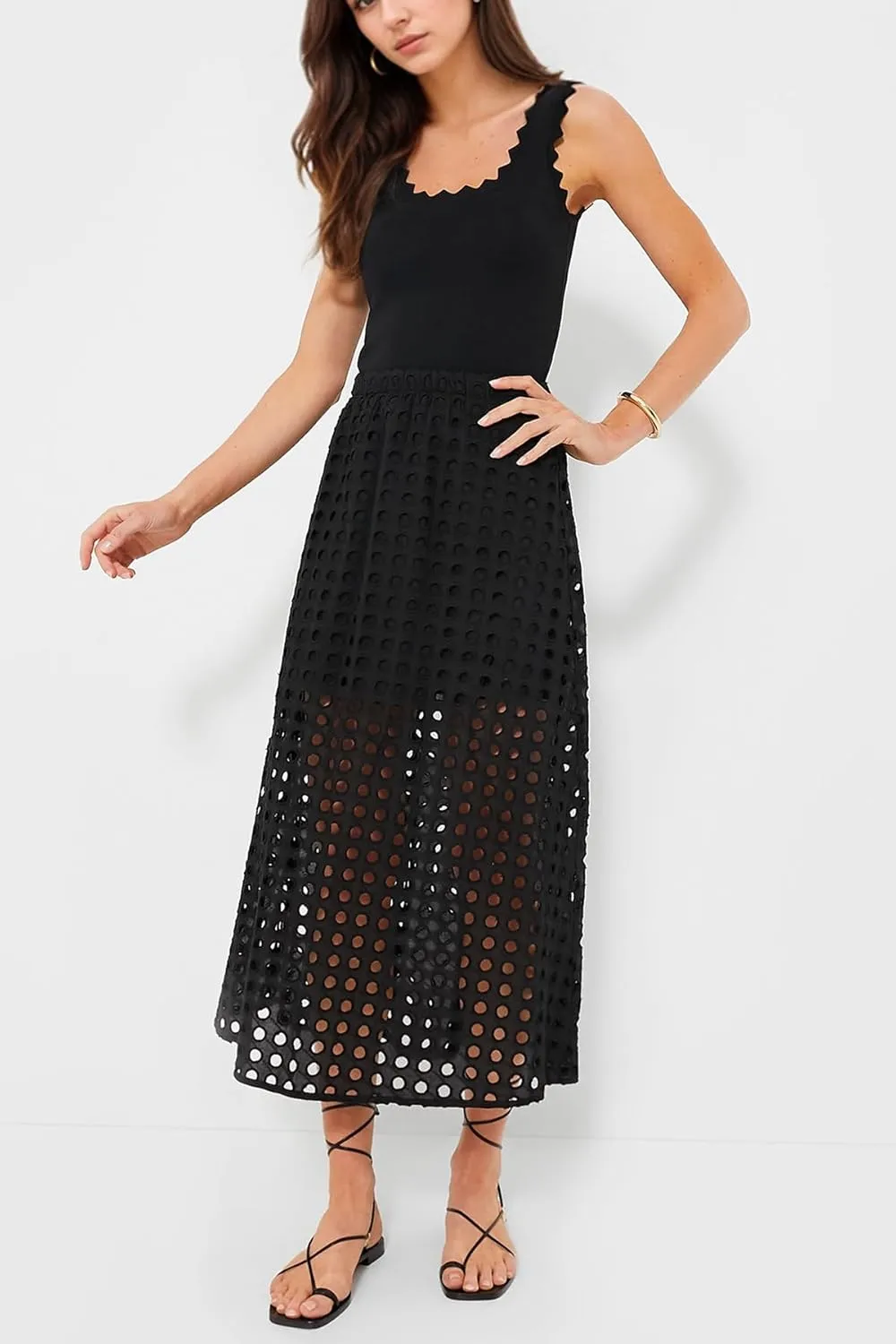 Women Summer Eyelet Maxi Skirt Cotton Holow Out High Elastic Waist Beach Skirt Flowy Long Skirts with Underneath
