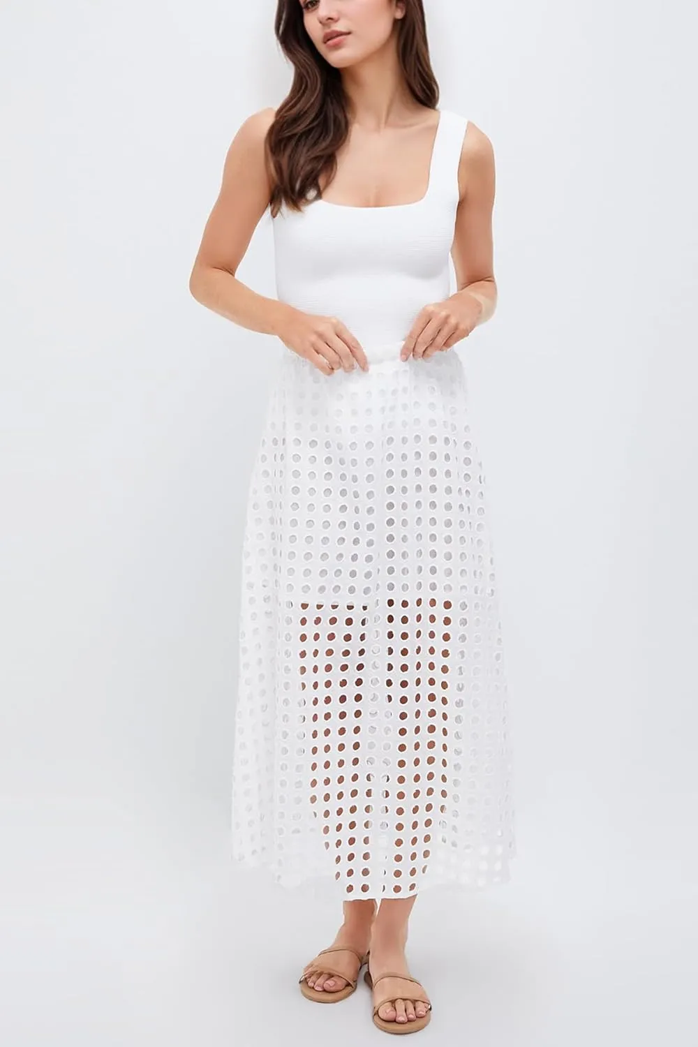 Women Summer Eyelet Maxi Skirt Cotton Holow Out High Elastic Waist Beach Skirt Flowy Long Skirts with Underneath
