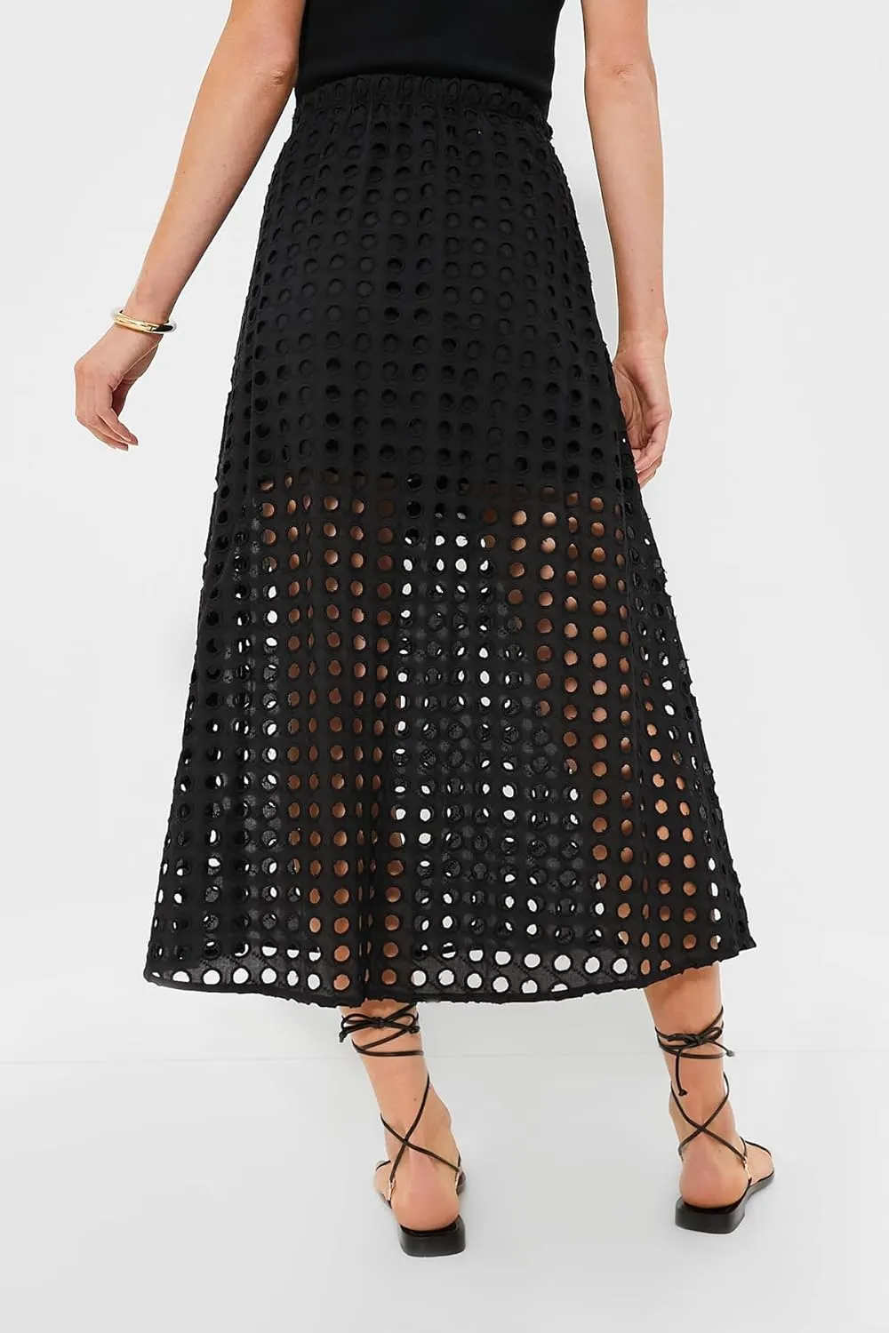 Women Summer Eyelet Maxi Skirt Cotton Holow Out High Elastic Waist Beach Skirt Flowy Long Skirts with Underneath