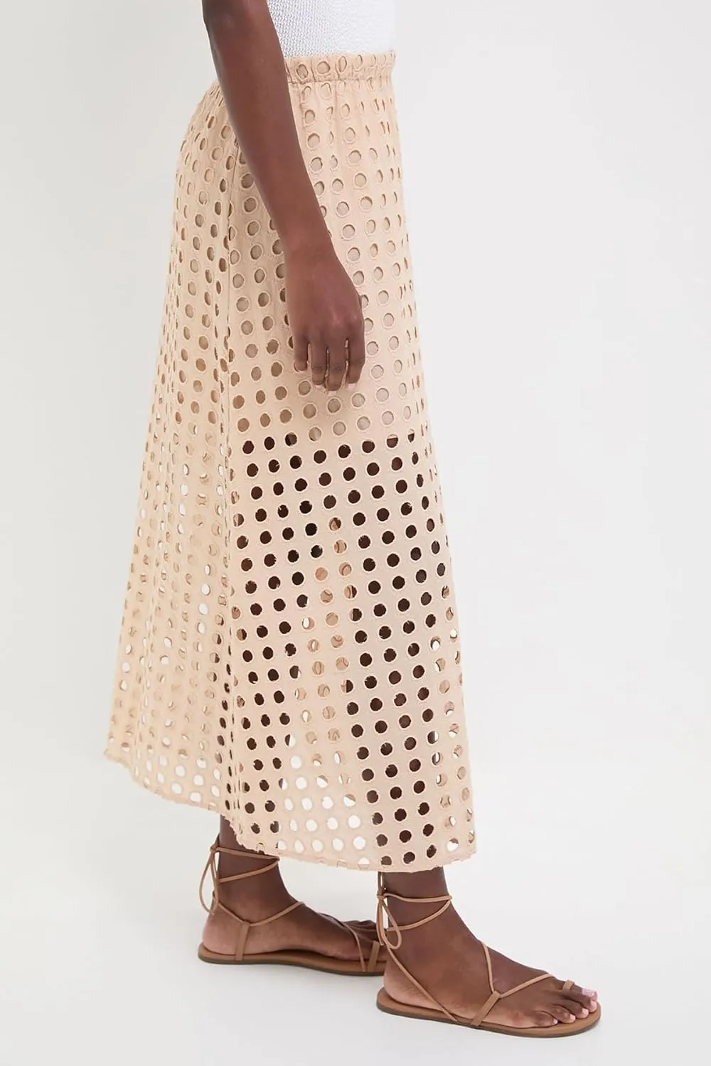 Women Summer Eyelet Maxi Skirt Cotton Holow Out High Elastic Waist Beach Skirt Flowy Long Skirts with Underneath
