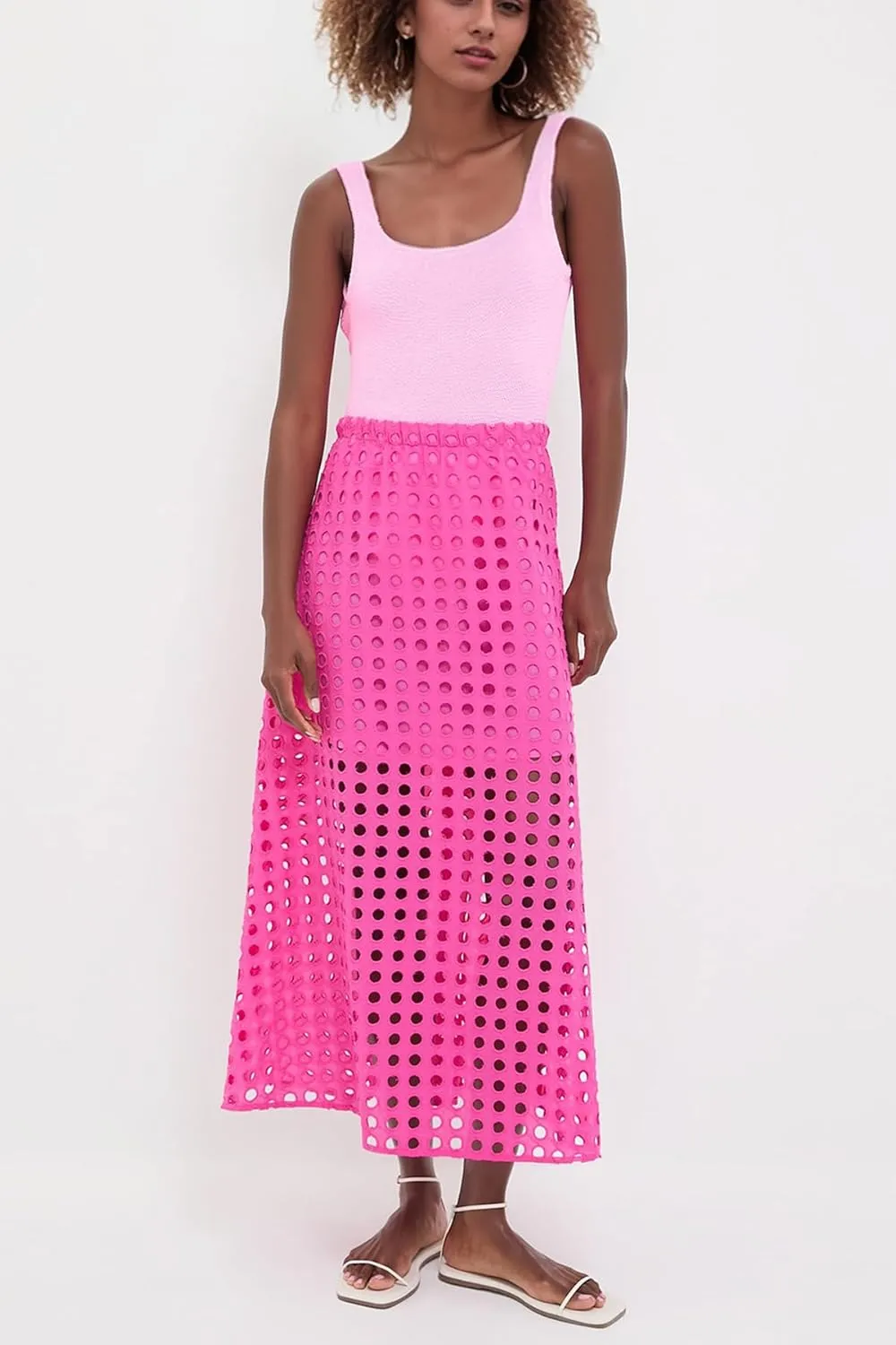 Women Summer Eyelet Maxi Skirt Cotton Holow Out High Elastic Waist Beach Skirt Flowy Long Skirts with Underneath