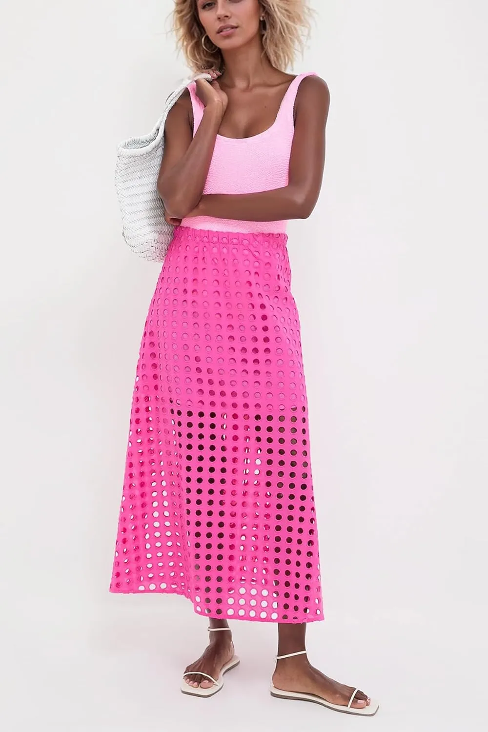 Women Summer Eyelet Maxi Skirt Cotton Holow Out High Elastic Waist Beach Skirt Flowy Long Skirts with Underneath