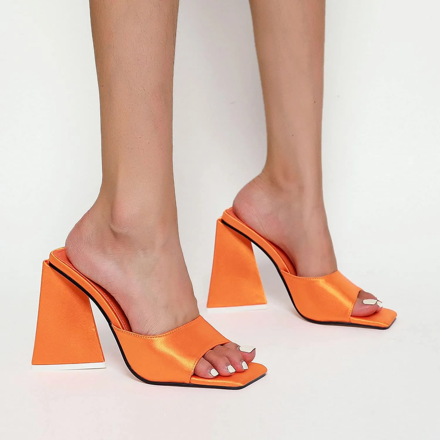 Women Summer Triangle High Block Heel Sandals Square Open Toe Mules ,Slip on Backless Slippers Patent Leather Shoes for Girls,Office Lady Party Size US 5-15