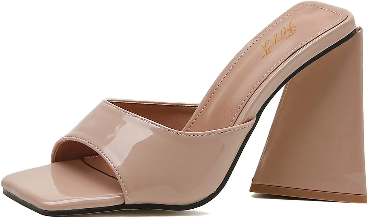 Women Summer Triangle High Block Heel Sandals Square Open Toe Mules ,Slip on Backless Slippers Patent Leather Shoes for Girls,Office Lady Party Size US 5-15