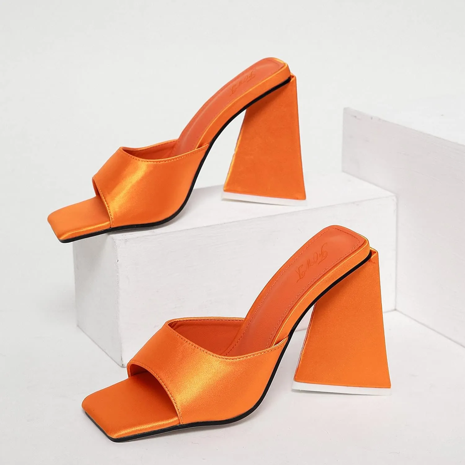 Women Summer Triangle High Block Heel Sandals Square Open Toe Mules ,Slip on Backless Slippers Patent Leather Shoes for Girls,Office Lady Party Size US 5-15