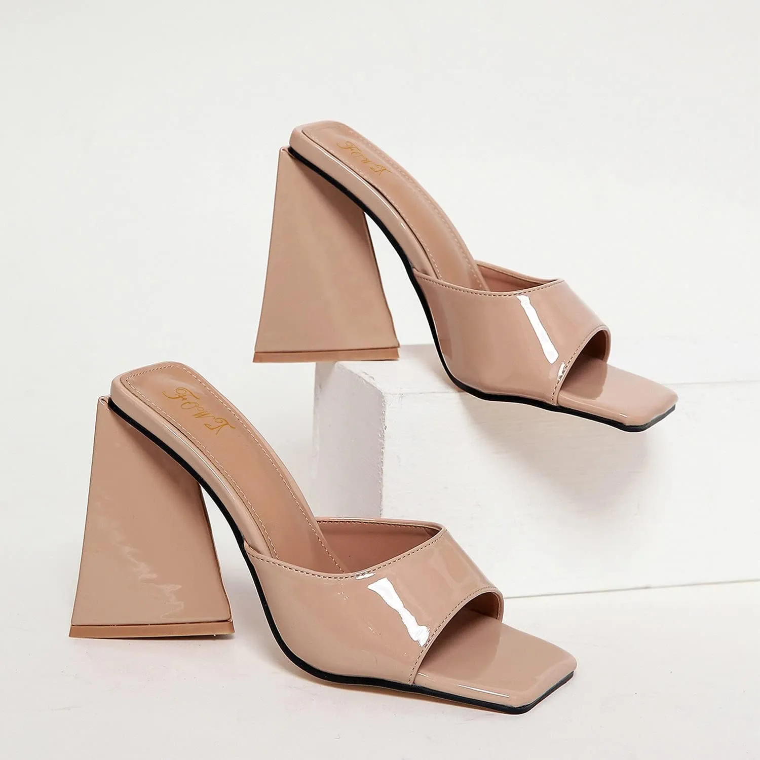Women Summer Triangle High Block Heel Sandals Square Open Toe Mules ,Slip on Backless Slippers Patent Leather Shoes for Girls,Office Lady Party Size US 5-15