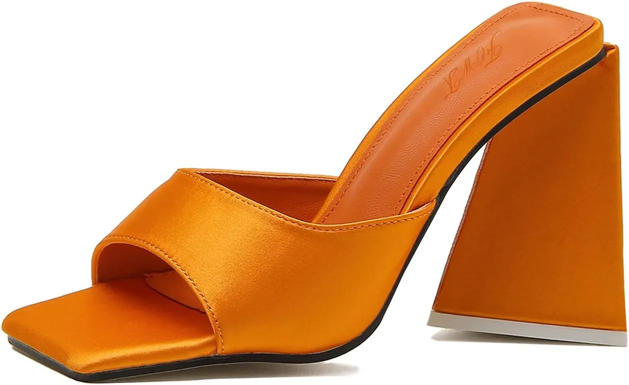 Women Summer Triangle High Block Heel Sandals Square Open Toe Mules ,Slip on Backless Slippers Patent Leather Shoes for Girls,Office Lady Party Size US 5-15