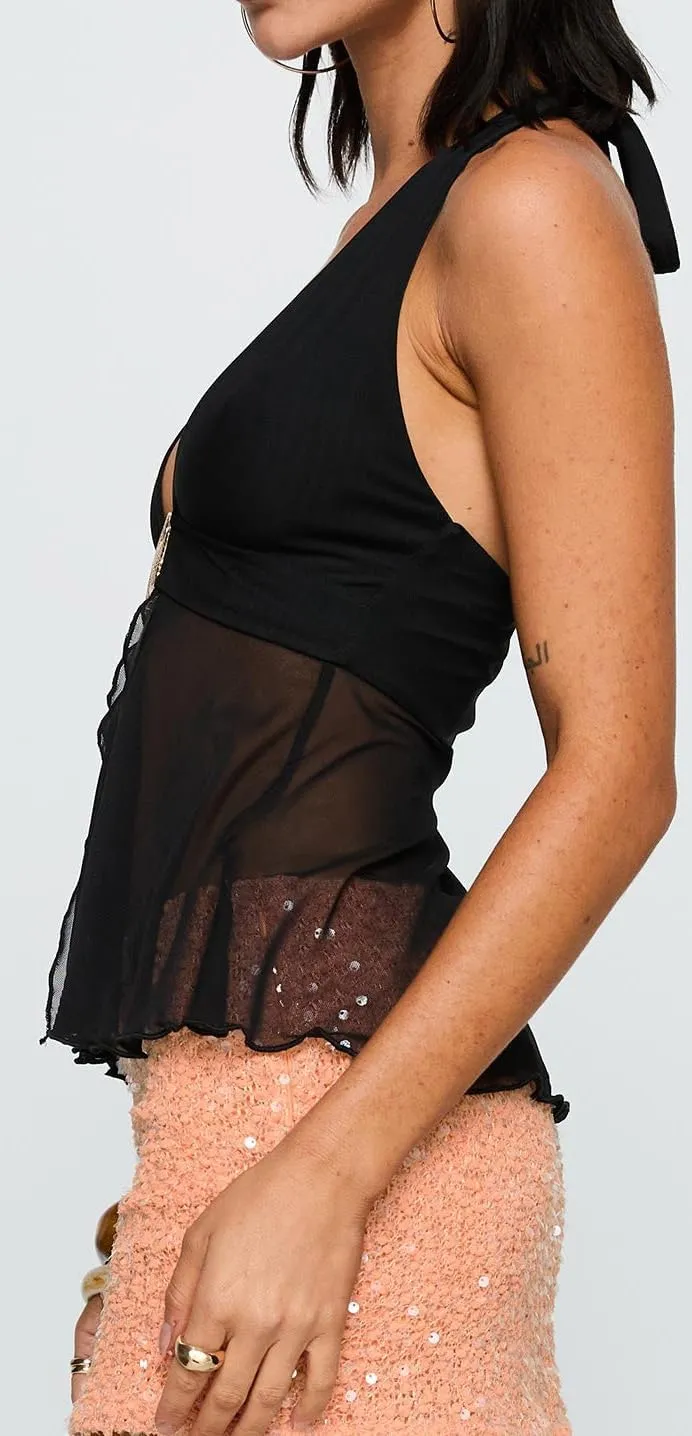 Women Y2k Sheer Mesh Halter Top Sleeveless Split Asymmetrical Hem Flowy Tank Backless V-Neck See Through Cami Shirt