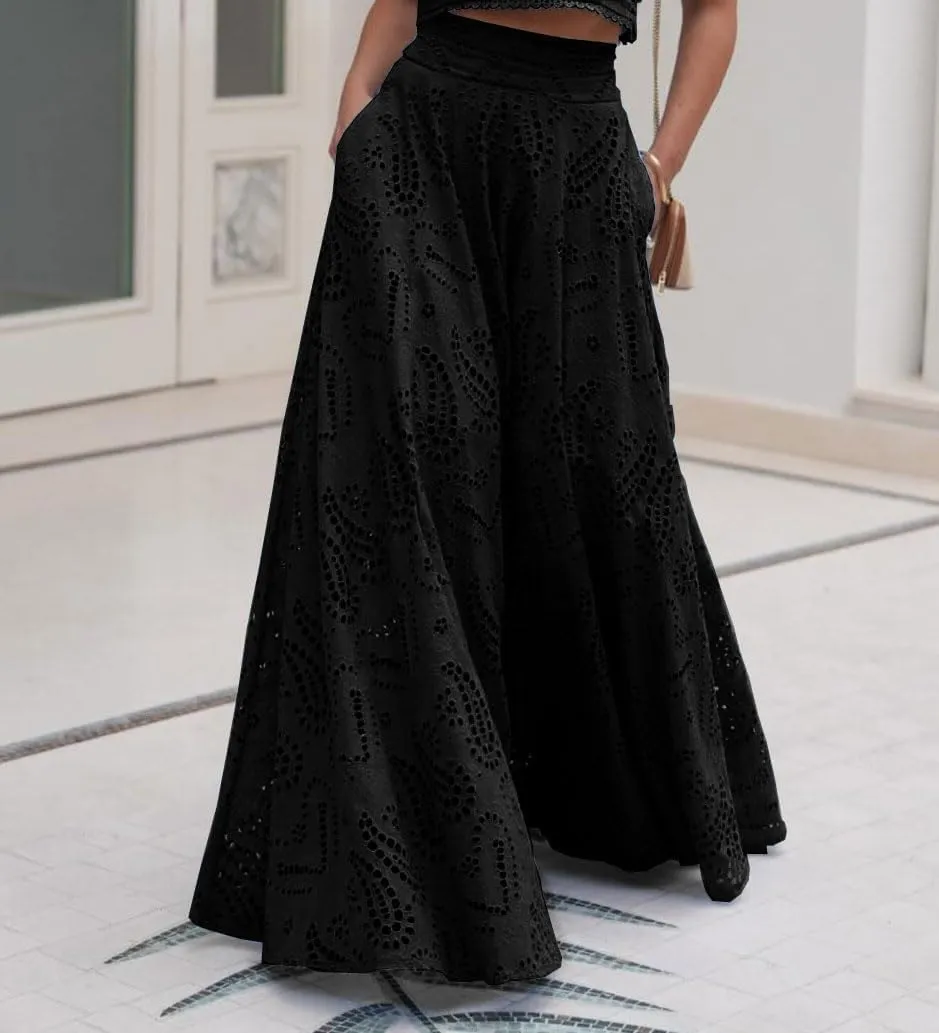 Womens Boho Eyelet Maxi Skirts Lace Flowy A-Line Summer Beach Long Skirts Elegant Outfits