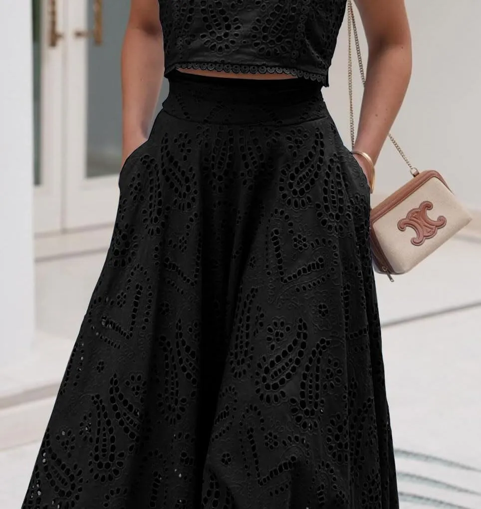 Womens Boho Eyelet Maxi Skirts Lace Flowy A-Line Summer Beach Long Skirts Elegant Outfits