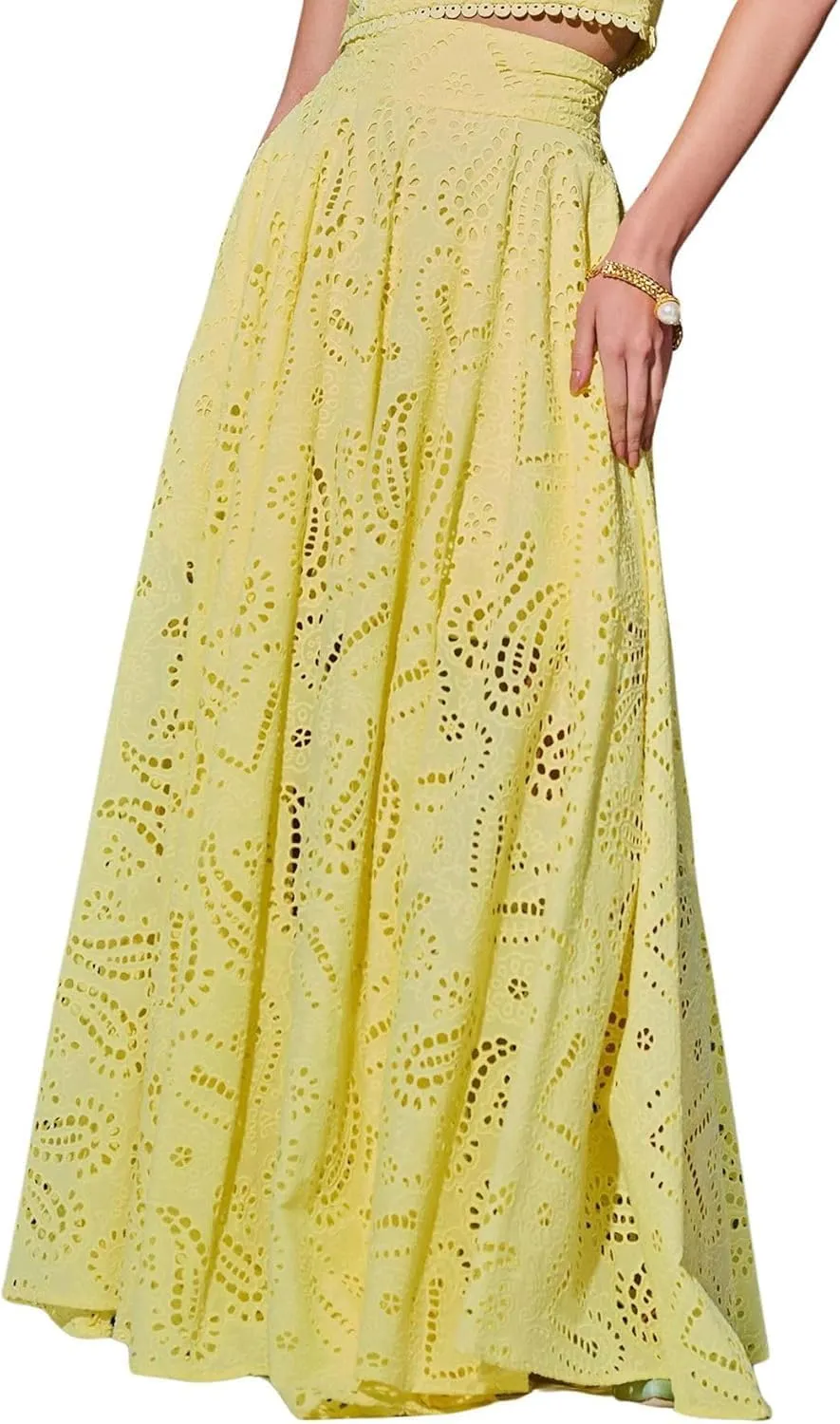 Womens Boho Eyelet Maxi Skirts Lace Flowy A-Line Summer Beach Long Skirts Elegant Outfits