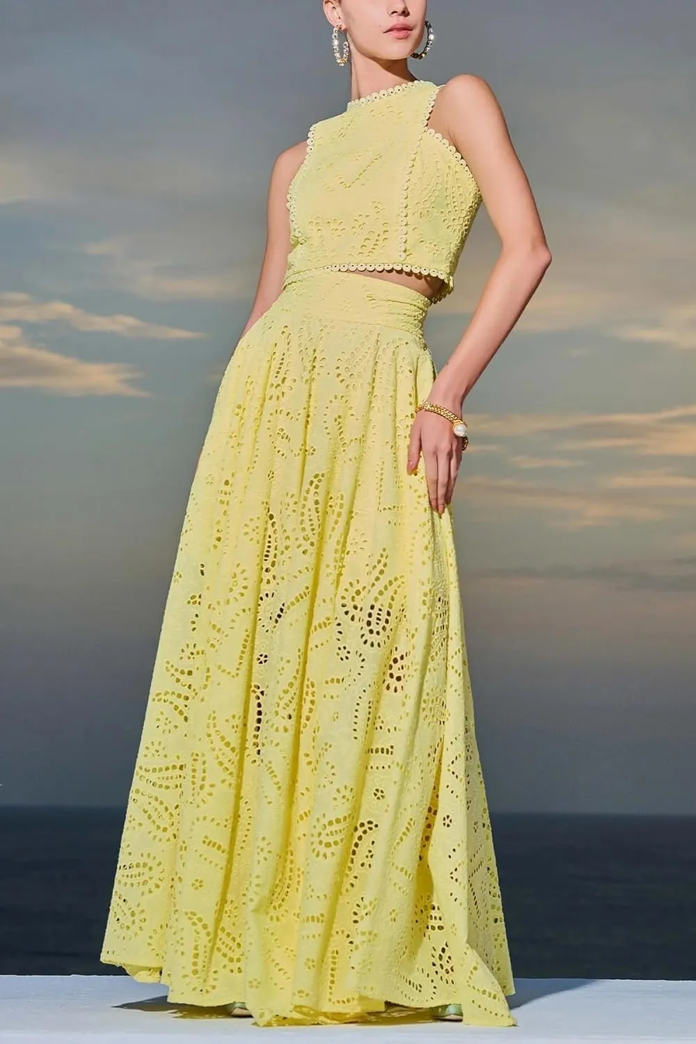 Womens Boho Eyelet Maxi Skirts Lace Flowy A-Line Summer Beach Long Skirts Elegant Outfits
