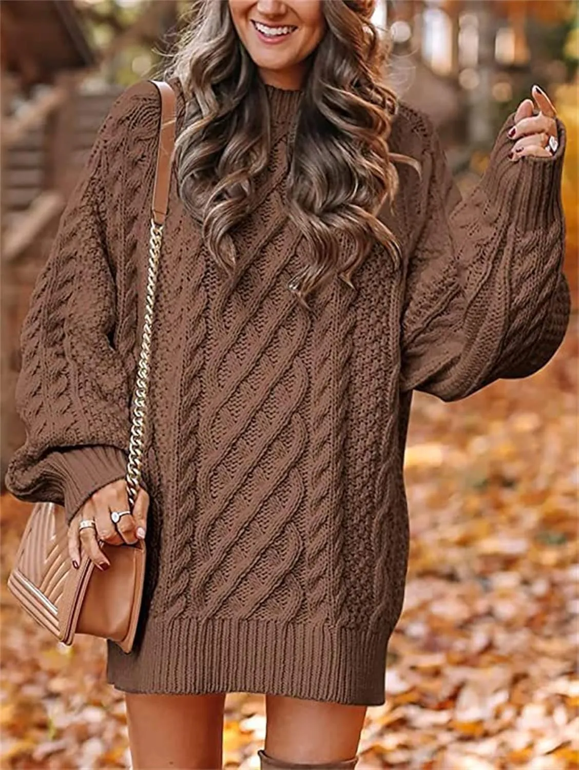 Womens Cable Knit Chunky Sweater Casual Long Sleeve Pullover Tunic Sweater Tops Oversized Trendy Mini Sweater Dress