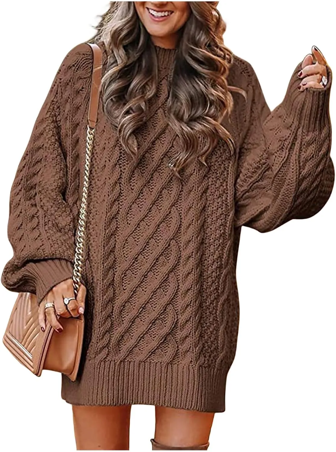 Womens Cable Knit Chunky Sweater Casual Long Sleeve Pullover Tunic Sweater Tops Oversized Trendy Mini Sweater Dress