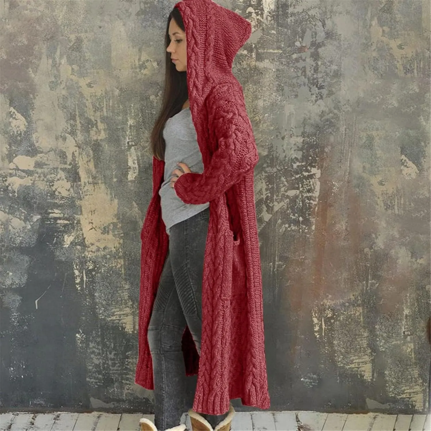 Womens Cardigan Long Sweaters Chunky Twists Cable Knitted Coats Open Front Hooded Outwear 2023 Trendy Warm Sweater