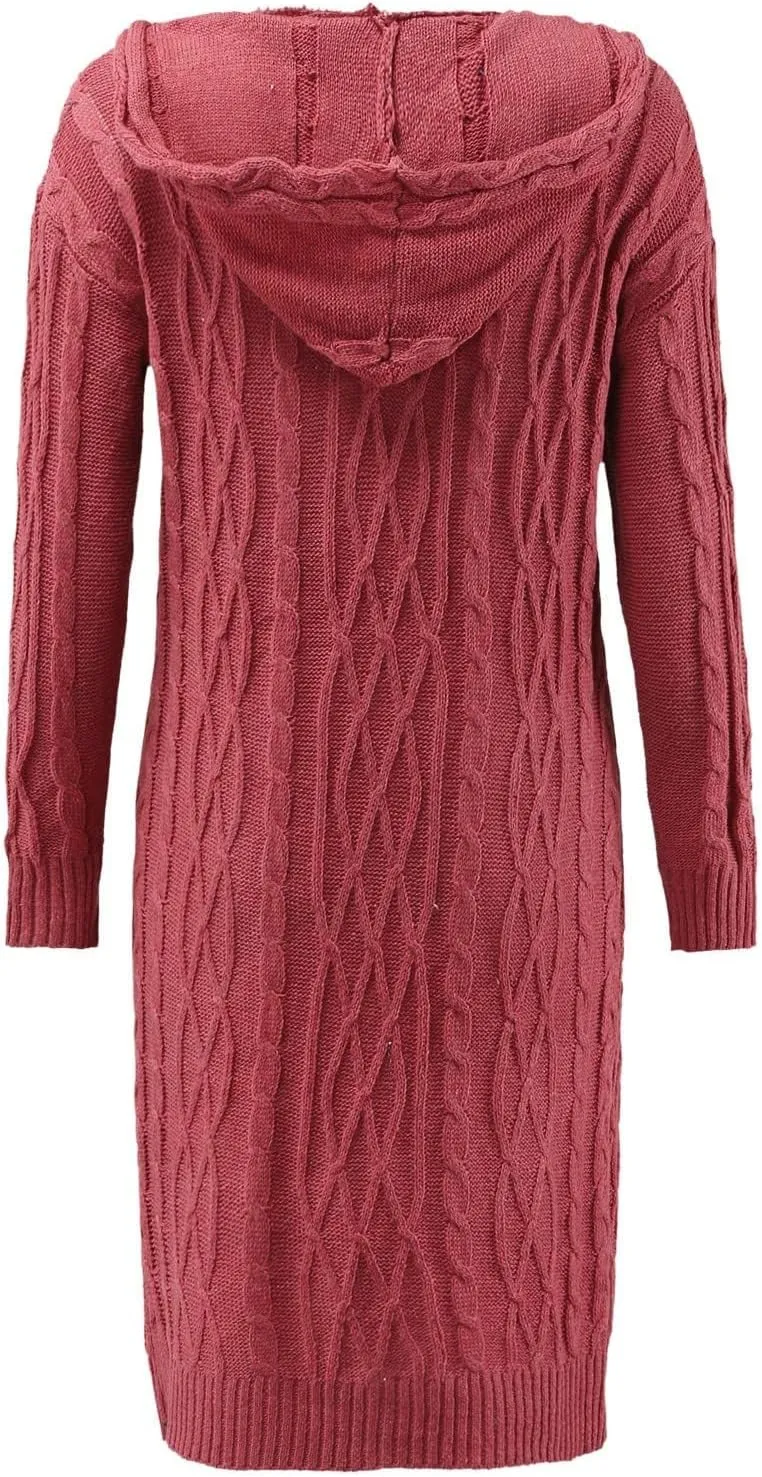 Womens Cardigan Long Sweaters Chunky Twists Cable Knitted Coats Open Front Hooded Outwear 2023 Trendy Warm Sweater